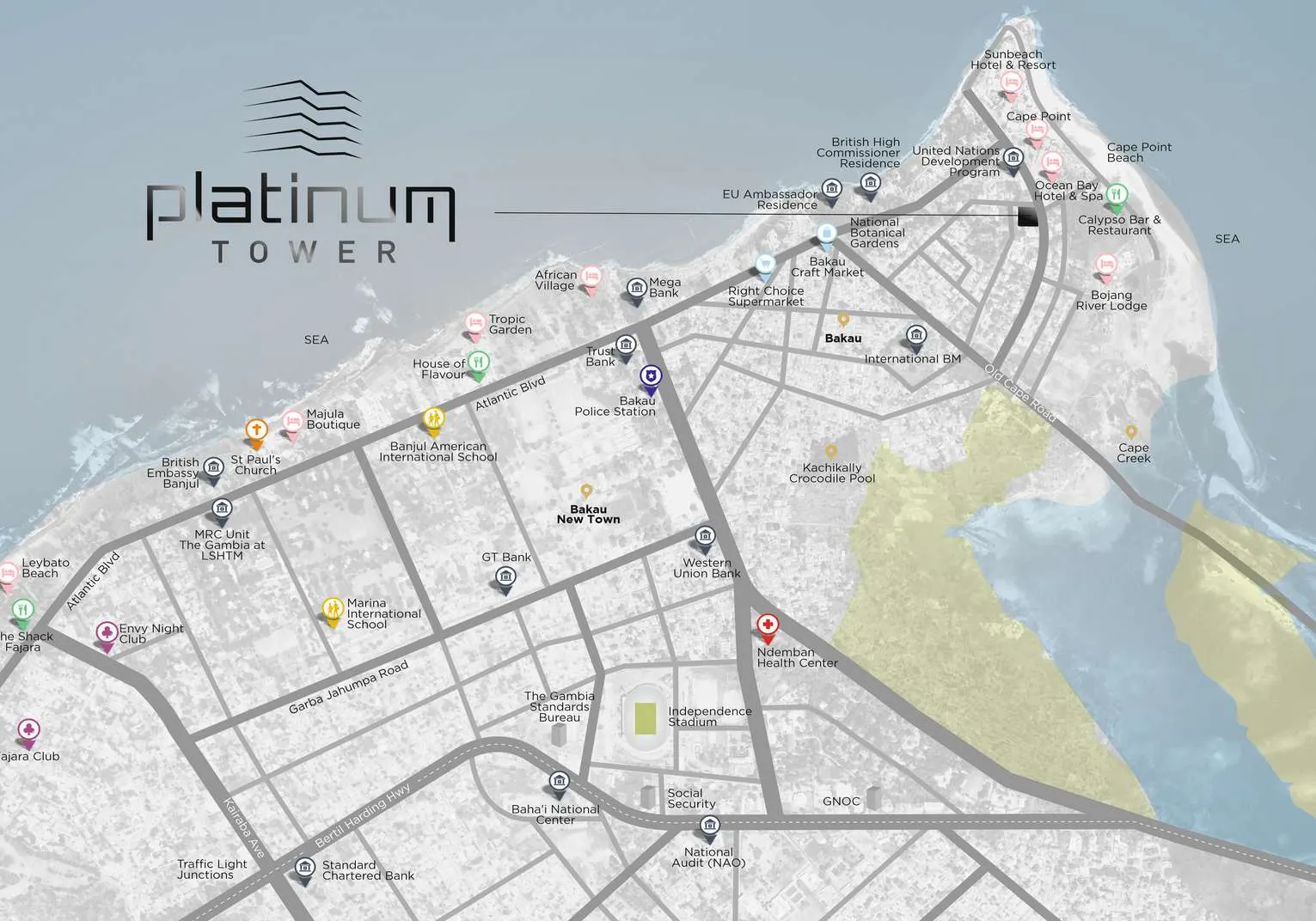 Map of Cape Point showing Platinum Tower among embassies, hotels, international schools and beaches